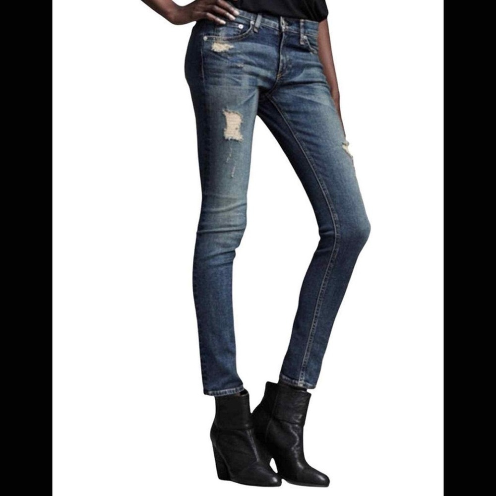 rag & bone Dark Blue Distressed Skinny Jeans - Picture 1 of 6